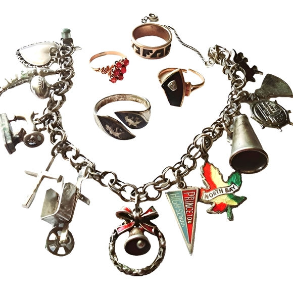 Lot of silver and gold jewelry charms charm bracelets rings wear or scrap - Picture 1 of 10